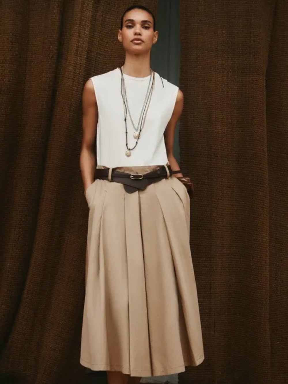 Zara Combined Midi Dress w Belt Round Neckline Pleated Skirt Camel White Medium